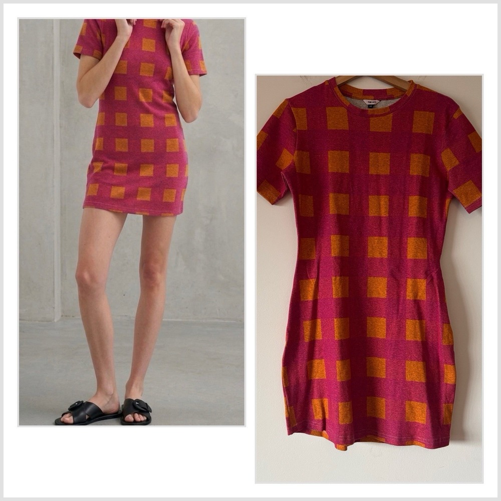 The Kit. Womens Short Sleeve Dress Size Medium Pink Orange Squares Festival Boho